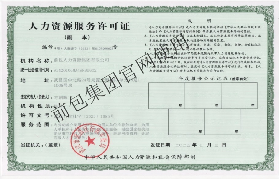 前包人力资源集团有限公司 人力资源服务许可证